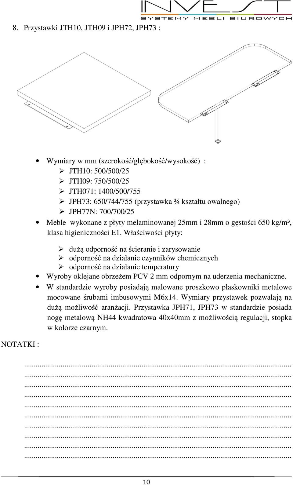 Właściwości płyty: Wyroby oklejane obrzeżem PCV 2 mm odpornym na uderzenia mechaniczne.