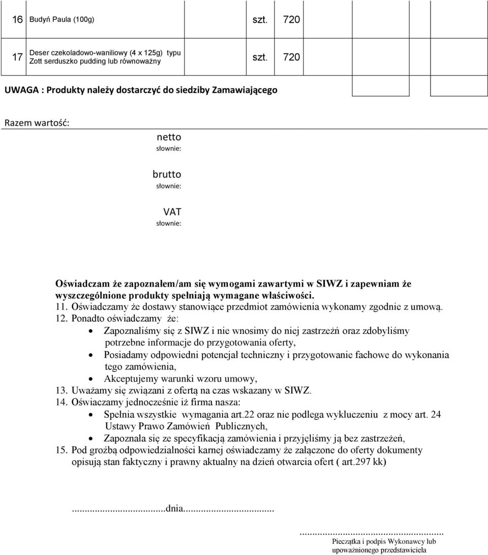 spełniają wymagane właściwości. 11. Oświadczamy że dostawy stanowiące przedmiot zamówienia wykonamy zgodnie z umową. 12.