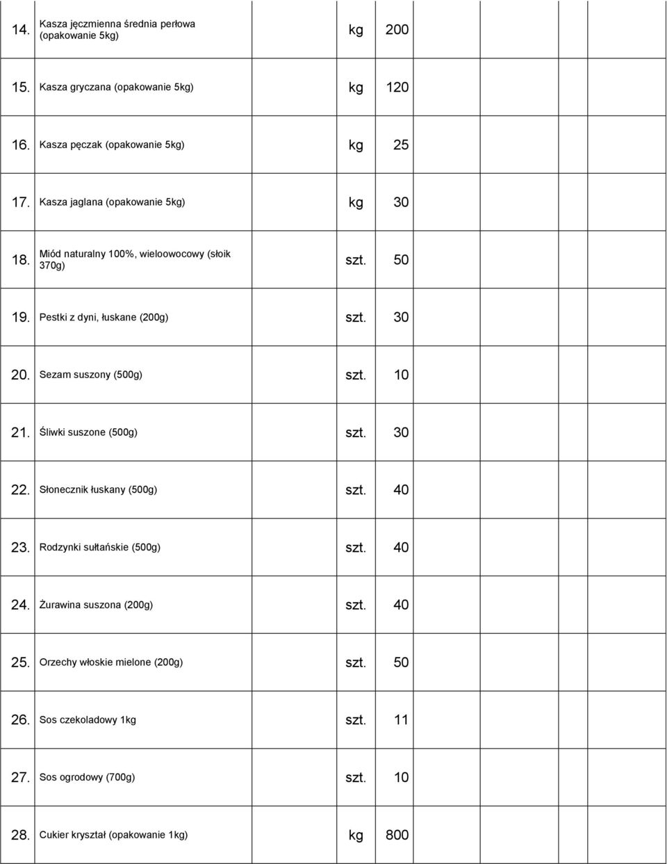 Sezam suszony (500g) szt. 10 21. Śliwki suszone (500g) szt. 30 22. Słonecznik łuskany (500g) szt. 40 23. Rodzynki sułtańskie (500g) szt. 40 24.