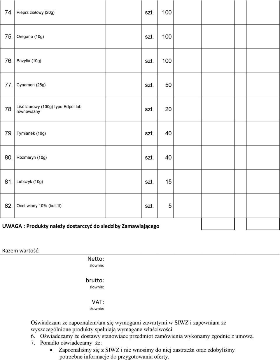 5 UWAGA : Produkty należy dostarczyć do siedziby Zamawiającego Razem wartość: Netto: brutto: : Oświadczam że zapoznałem/am się wymogami zawartymi w SIWZ i zapewniam że wyszczególnione