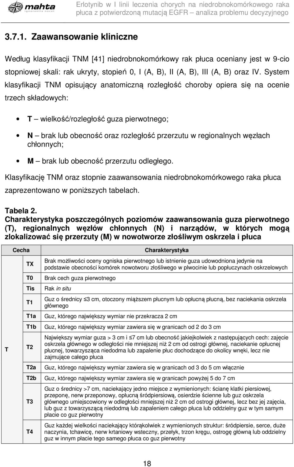 regionalnych węzłach chłonnych; M brak lub obecność przerzutu odległego. Klasyfikację TNM oraz stopnie zaawansowania niedrobnokomórkowego raka płuca zaprezentowano w poniższych tabelach. Tabela 2.