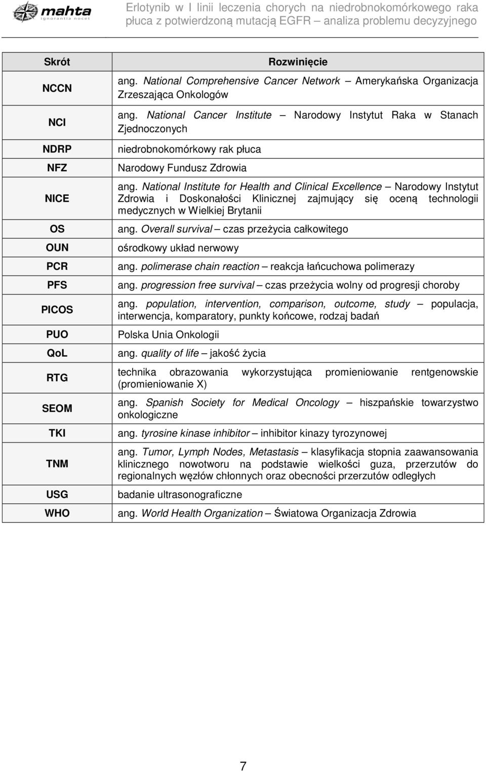 National Institute for Health and Clinical Excellence Narodowy Instytut Zdrowia i Doskonałości Klinicznej zajmujący się oceną technologii medycznych w Wielkiej Brytanii ang.