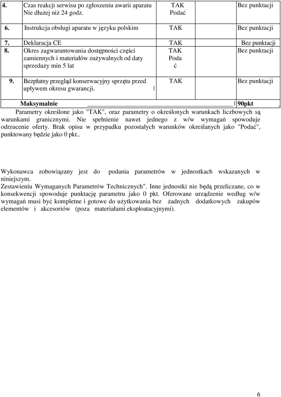 Maksymalnie 90pkt Parametry określone jako "", oraz parametry o określonych warunkach liczbowych są warunkami granicznymi. Nie spełnienie nawet jednego z w/w wymagań spowoduje odrzucenie oferty.