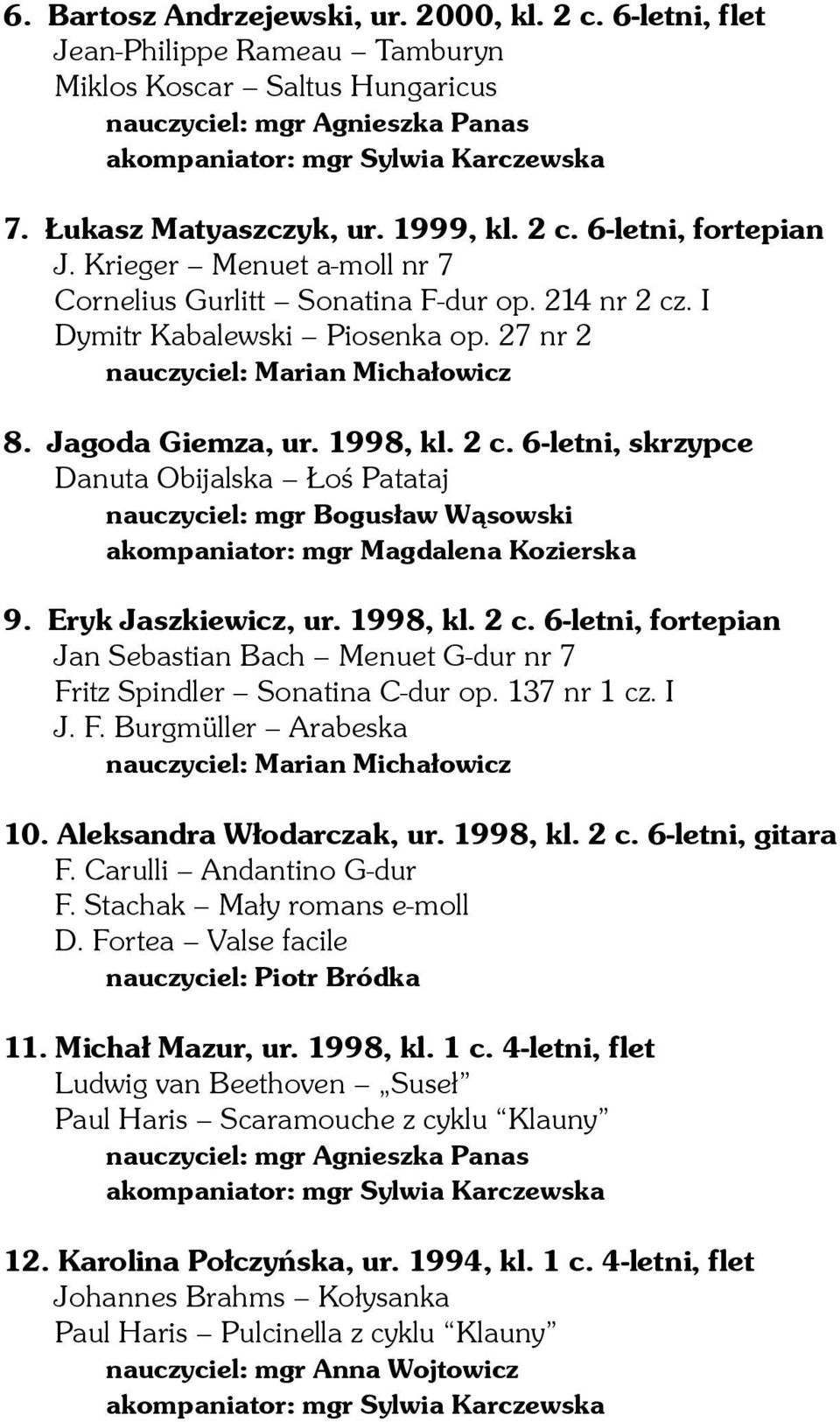 Eryk Jaszkiewicz, ur. 1998, kl. 2 c. 6-letni, fortepian Jan Sebastian Bach Menuet G-dur nr 7 Fritz Spindler Sonatina C-dur op. 137 nr 1 cz. I J. F. Burgmüller Arabeska nauczyciel: Marian Michałowicz 10.