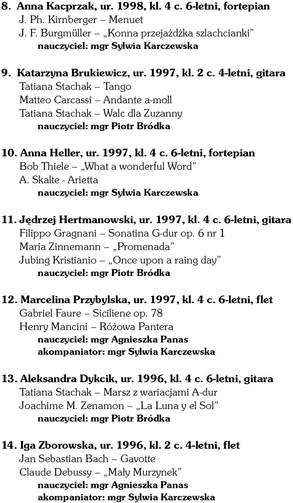 6-letni, fortepian Bob Thiele What a wonderful Word A. Skalte - Arietta nauczyciel: mgr Sylwia Karczewska 11. Jędrzej Hertmanowski, ur. 1997, kl. 4 c.