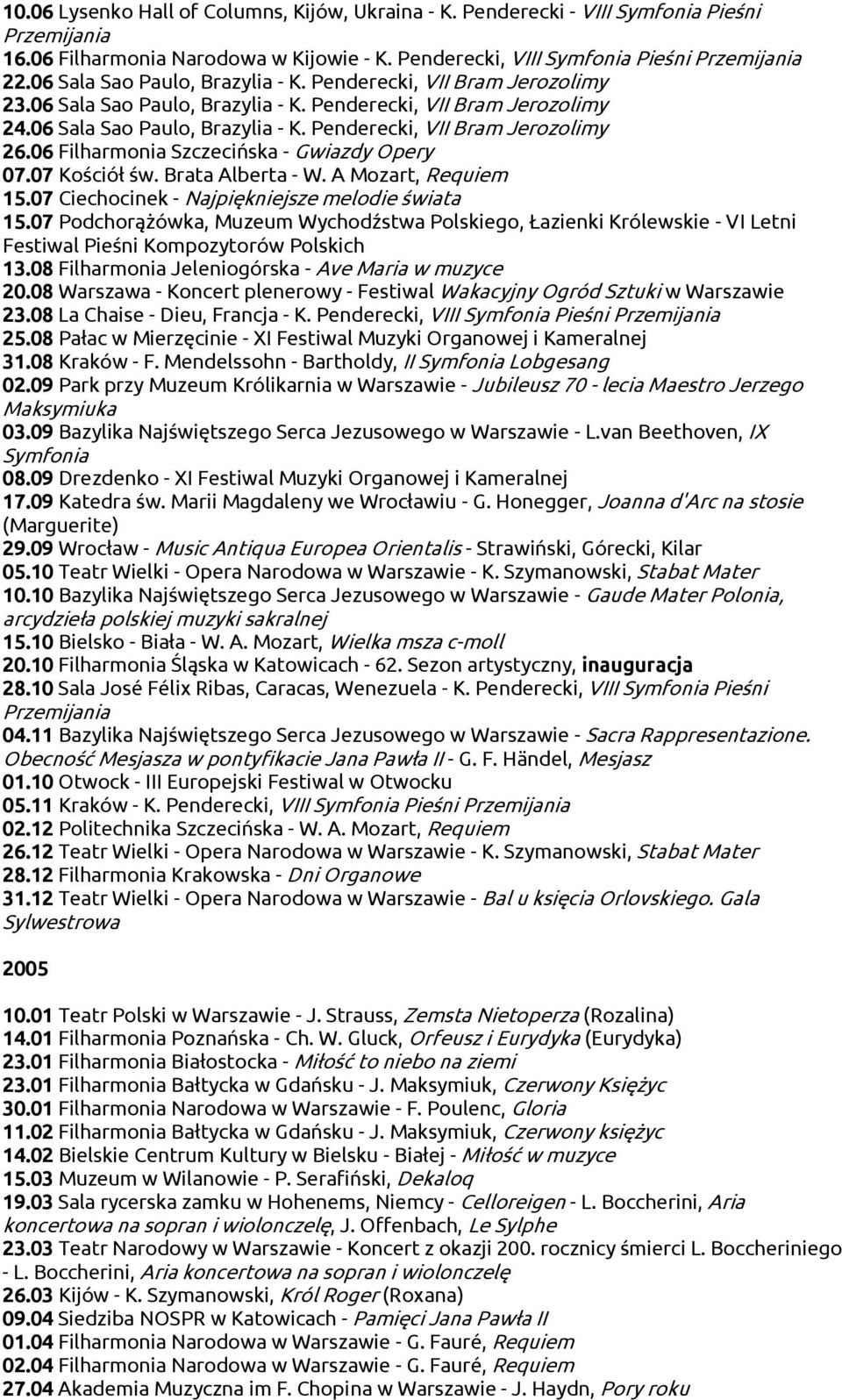 06 Filharmonia Szczecińska - Gwiazdy Opery 07.07 Kościół św. Brata Alberta - W. A Mozart, Requiem 15.07 Ciechocinek - Najpiękniejsze melodie świata 15.