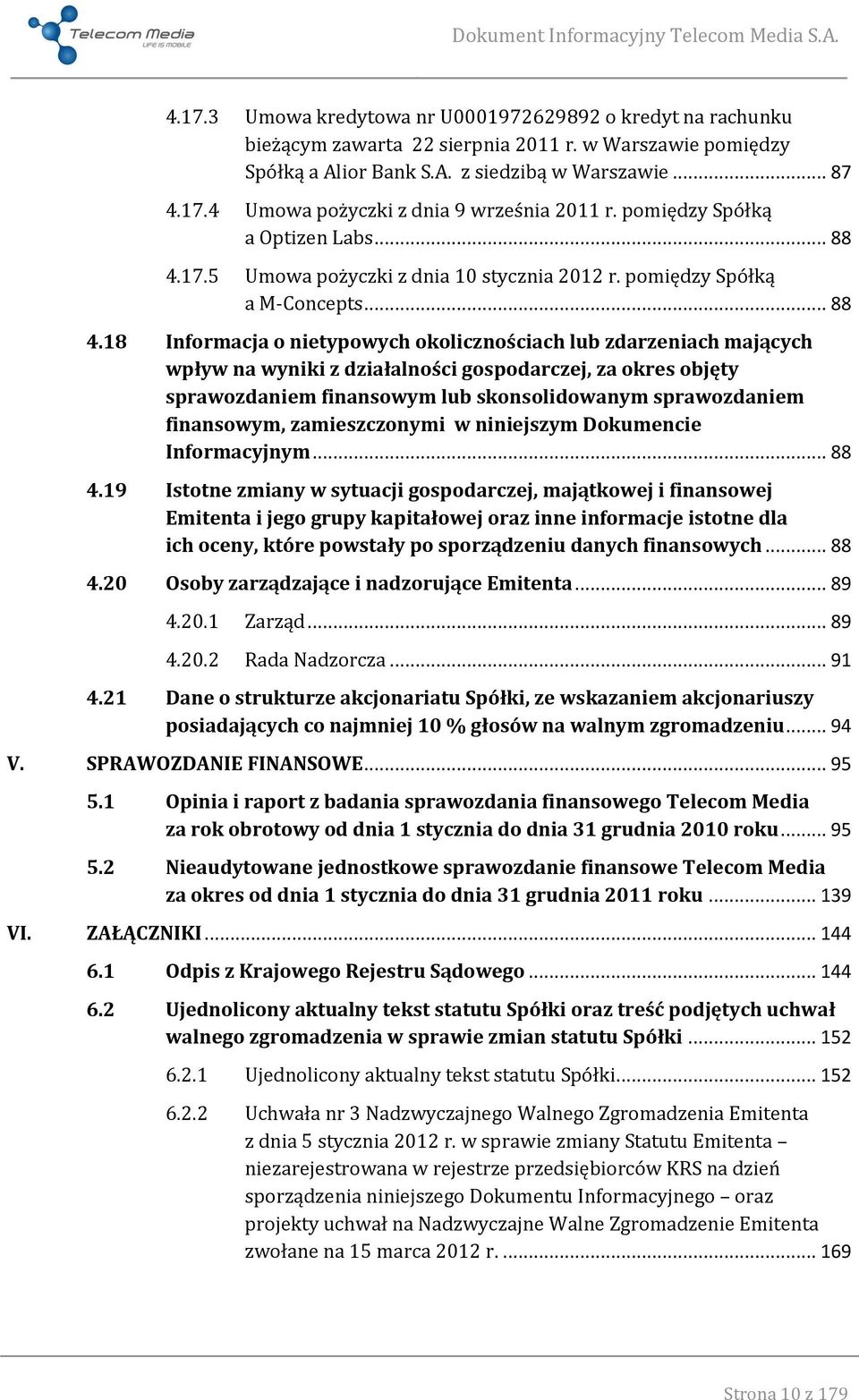 17.5 Umowa pożyczki z dnia 10 stycznia 2012 r. pomiędzy Spółką a M-Concepts... 88 4.