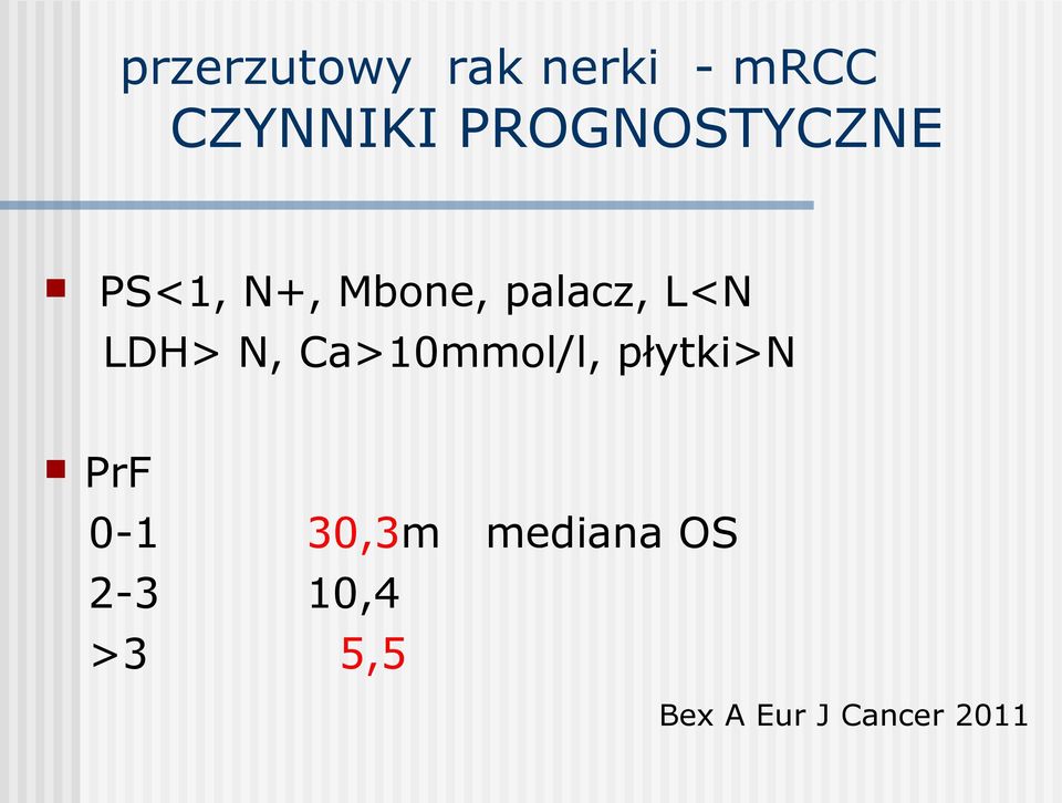 LDH> N, Ca>10mmol/l, płytki>n PrF 0-1 2-3