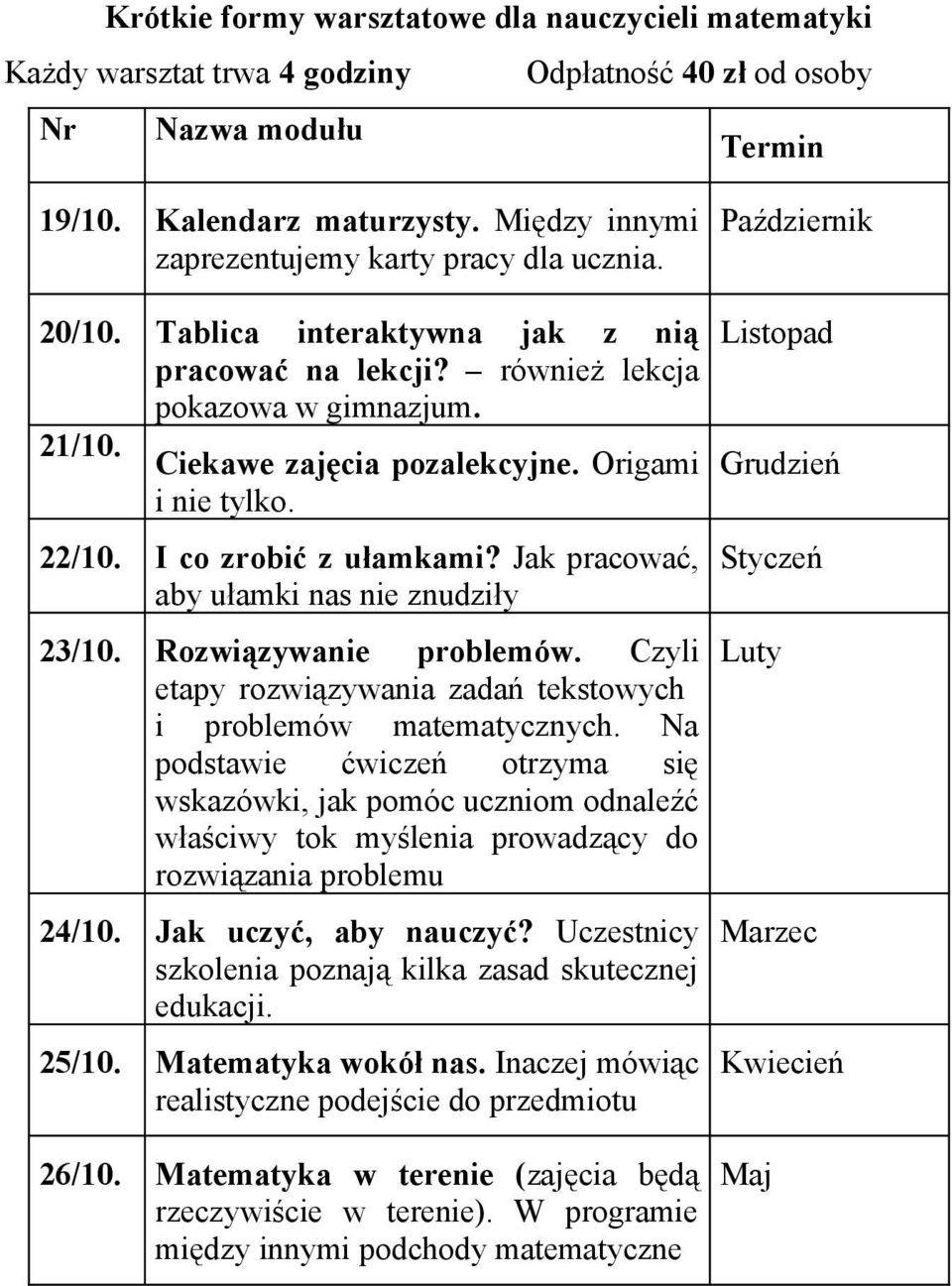 Origami i nie tylko. 22/10. I co zrobić z ułamkami? Jak pracować, aby ułamki nas nie znudziły 23/10. Rozwiązywanie problemów. Czyli etapy rozwiązywania zadań tekstowych i problemów matematycznych.