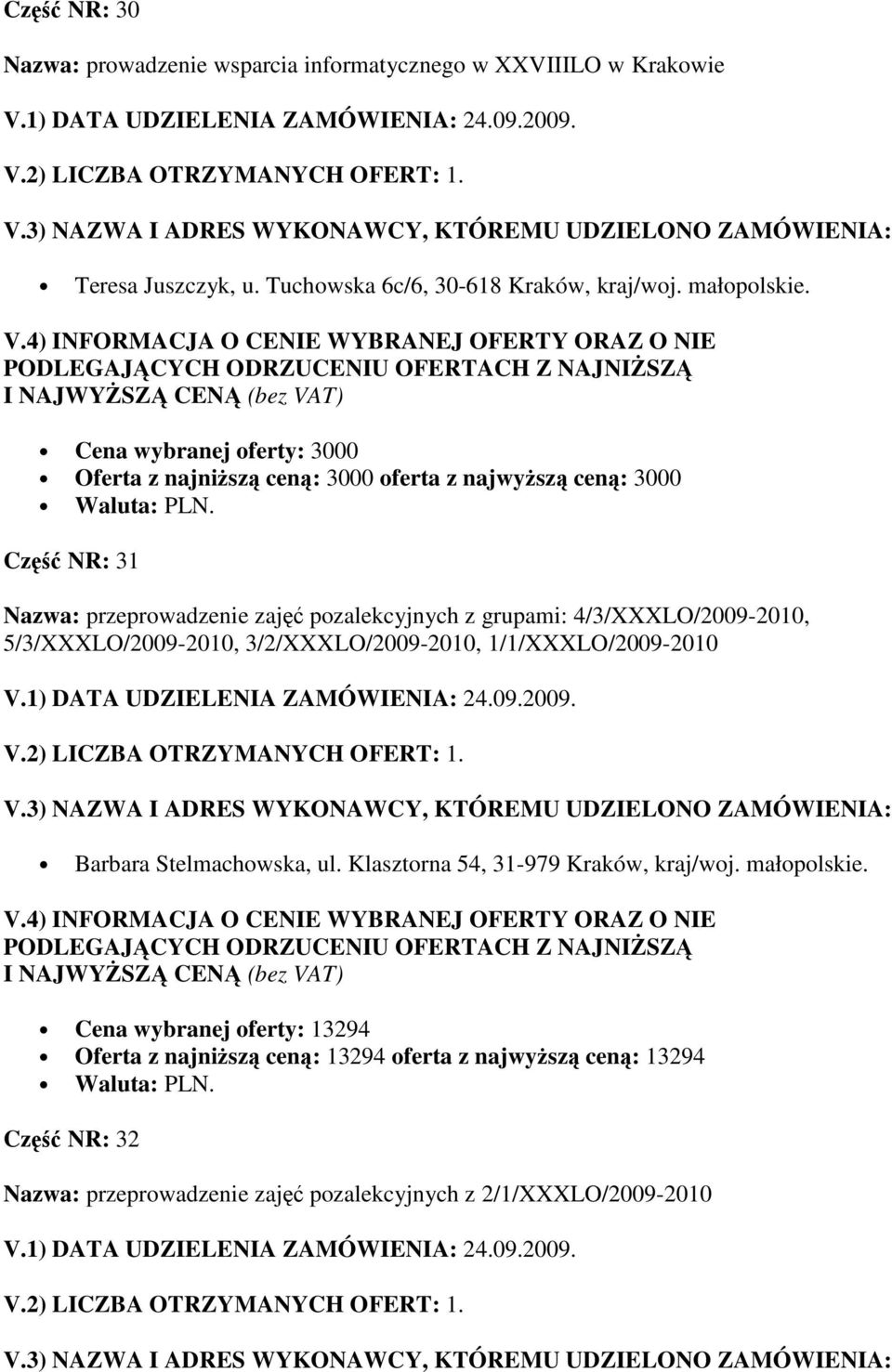4/3/XXXLO/2009-2010, 5/3/XXXLO/2009-2010, 3/2/XXXLO/2009-2010, 1/1/XXXLO/2009-2010 Barbara Stelmachowska, ul. Klasztorna 54, 31-979 Kraków, kraj/woj.