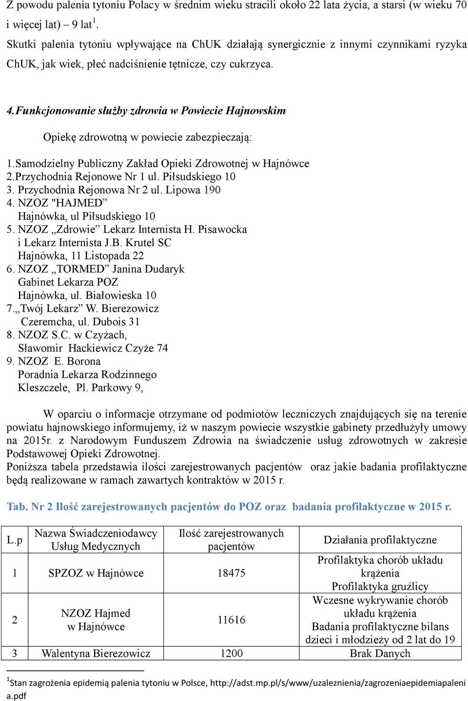 Funkcjonowanie służby zdrowia w Powiecie Hajnowskim Opiekę zdrowotną w powiecie zabezpieczają: 1.Samodzielny Publiczny Zakład Opieki Zdrowotnej w Hajnówce 2.Przychodnia Rejonowe Nr 1 ul.