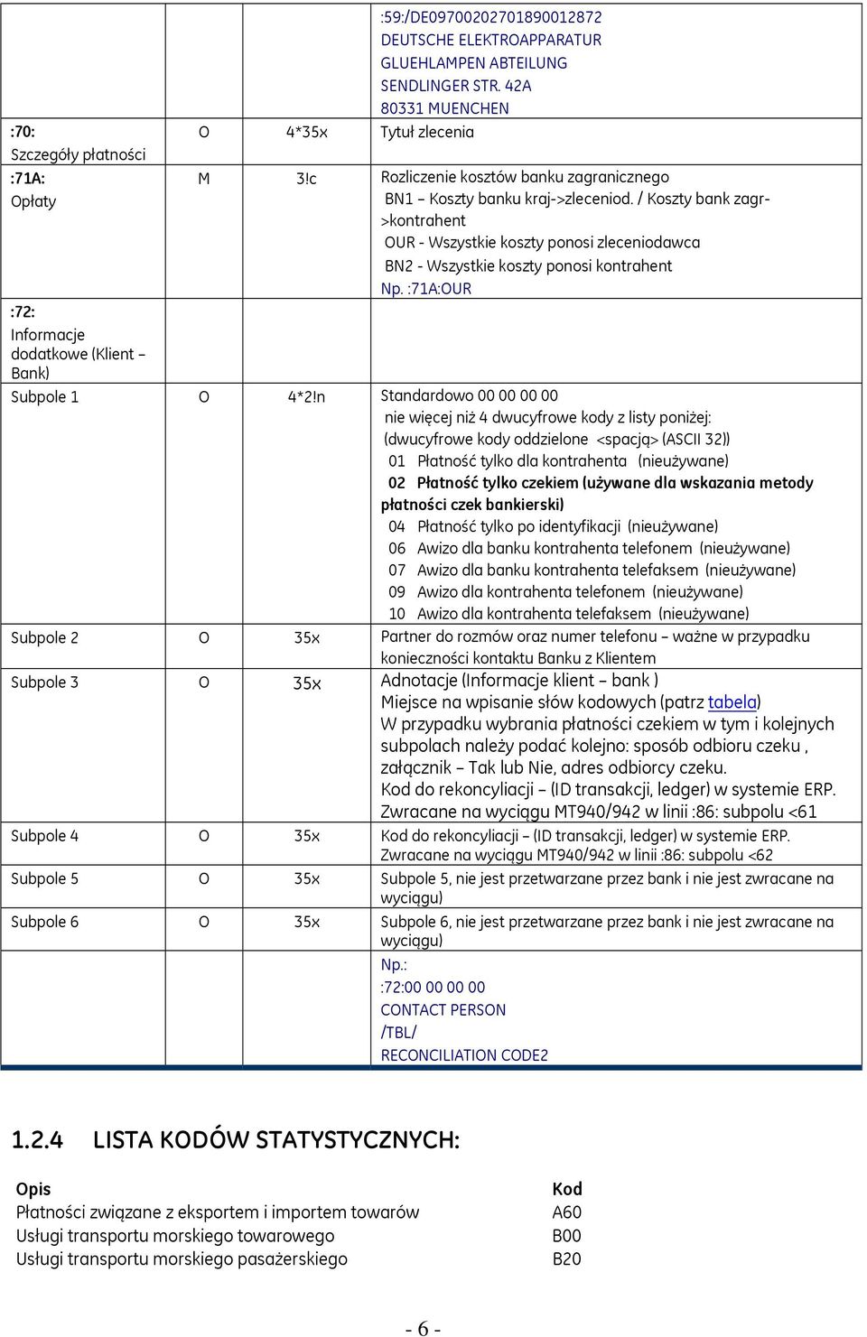 :71A:OUR :72: Informacje dodatkowe (Klient Bank) Subpole 1 O 4*2!