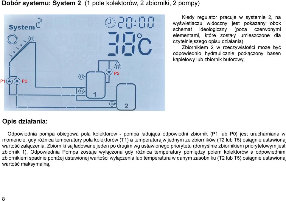 P1 P0 P2 Opis działania: Odpowiednia pompa obiegowa pola kolektorów - pompa ładująca odpowiedni zbiornik (P1 lub P0) jest uruchamiana w momencie, gdy różnica temperatury pola kolektorów (T1) a