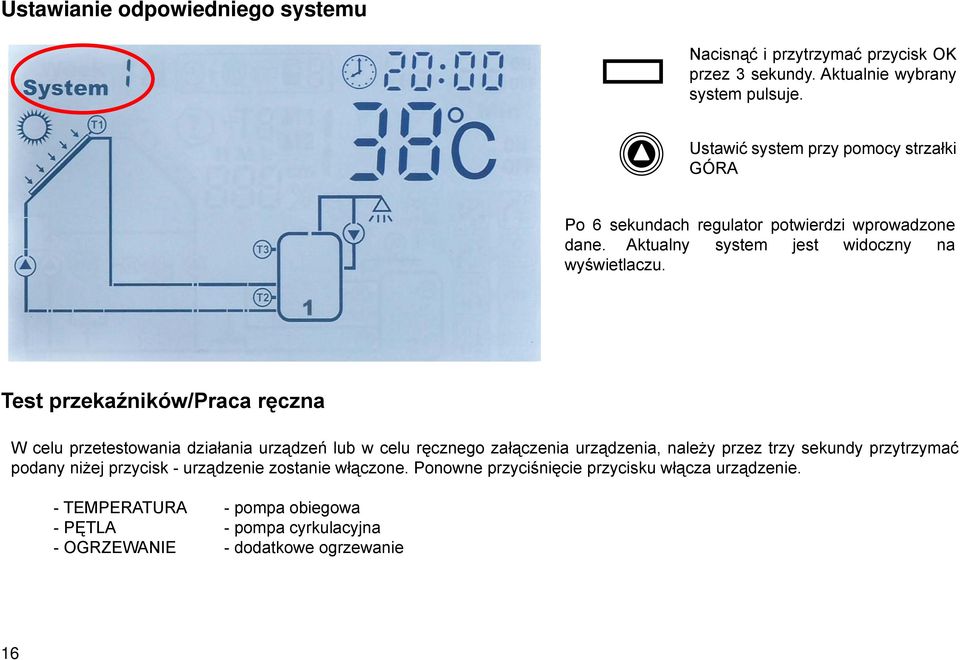 Test przekaźników/praca ręczna W celu przetestowania działania urządzeń lub w celu ręcznego załączenia urządzenia, należy przez trzy sekundy przytrzymać