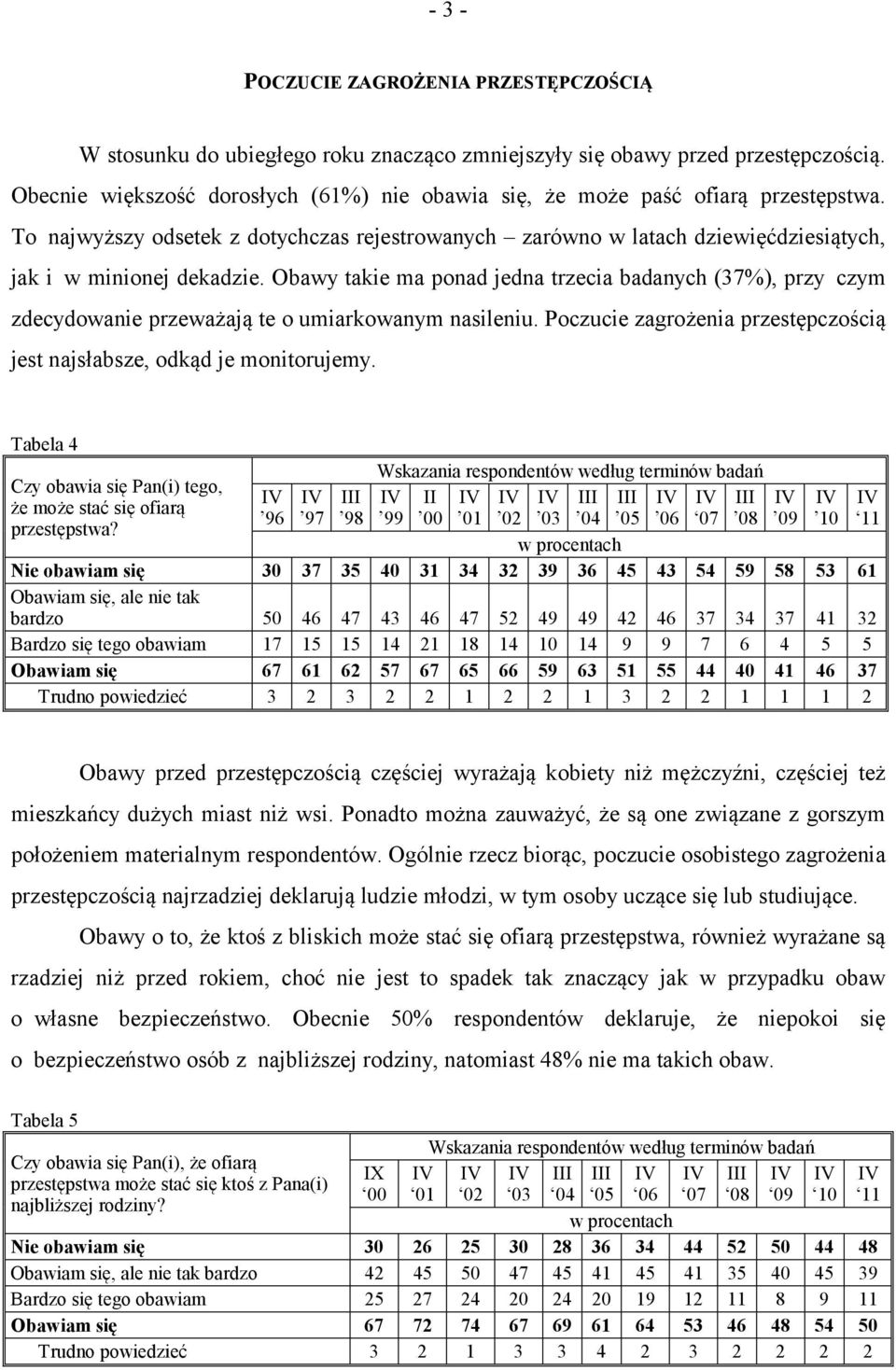 Obawy takie ma ponad jedna trzecia badanych (37%), przy czym zdecydowanie przeważają te o umiarkowanym nasileniu. Poczucie zagrożenia przestępczością jest najsłabsze, odkąd je monitorujemy.