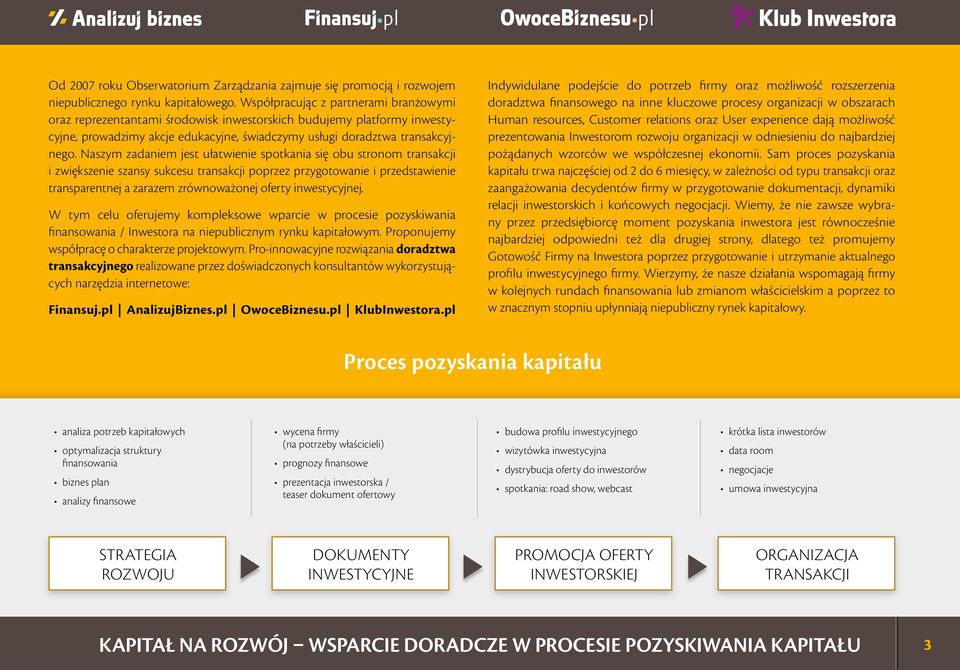 Naszym zadaniem jest ułatwienie spotkania się obu stronom transakcji i zwiększenie szansy sukcesu transakcji poprzez przygotowanie i przedstawienie transparentnej a zarazem zrównoważonej oferty