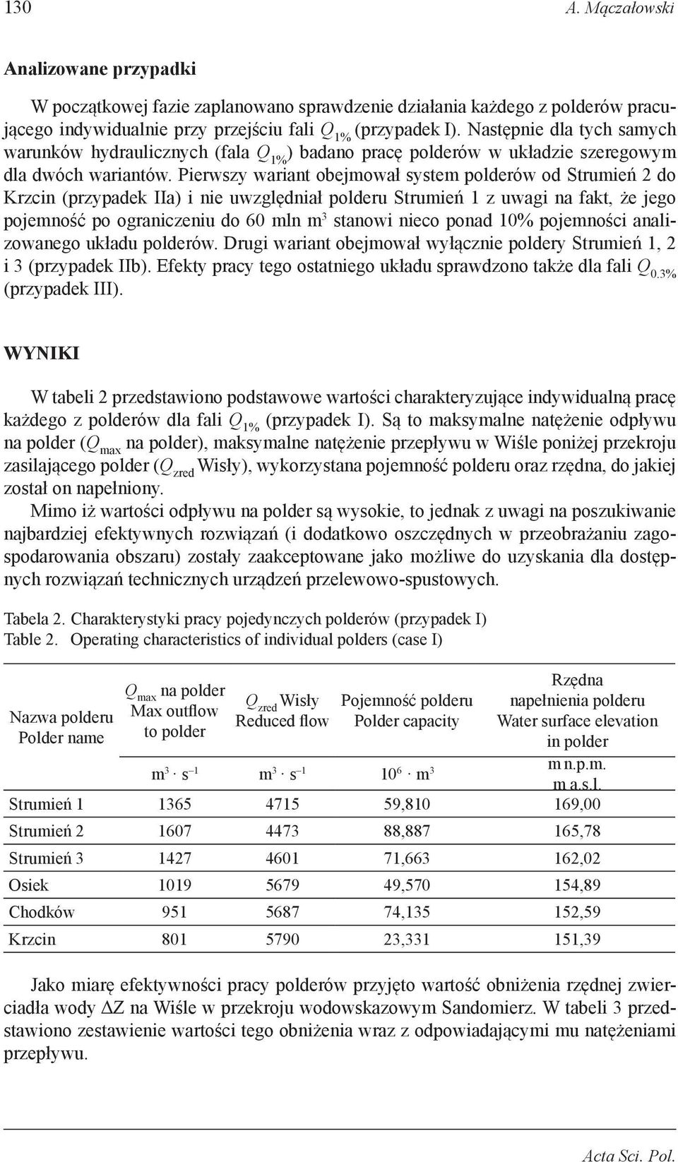 Pierwszy wariant obejmował system polderów od Strumień 2 do Krzcin (przypadek IIa) i nie uwzględniał polderu Strumień 1 z uwagi na fakt, że jego pojemność po ograniczeniu do 60 mln m 3 stanowi nieco