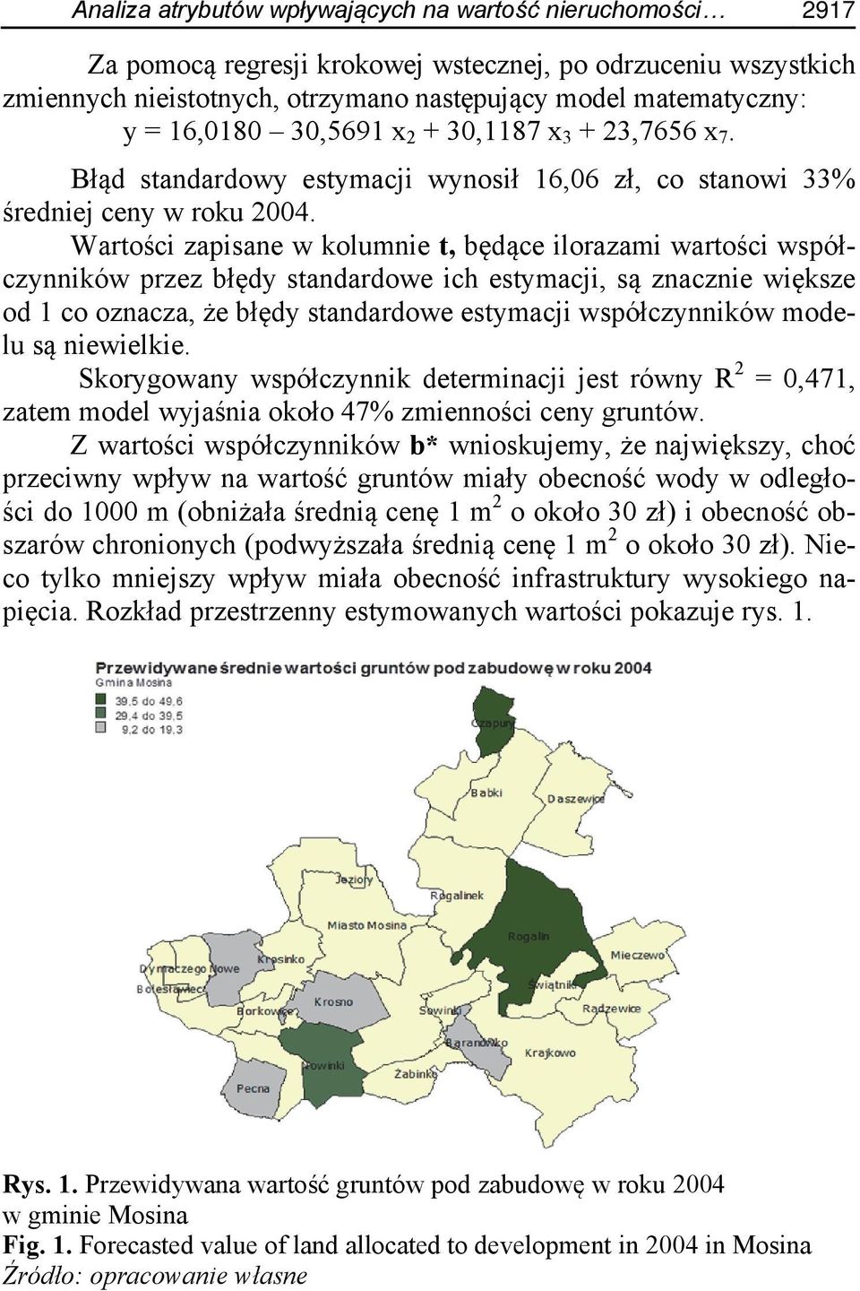 Wartości zapisane w kolumnie t, będące ilorazami wartości współczynników przez błędy standardowe ich estymacji, są znacznie większe od 1 co oznacza, że błędy standardowe estymacji współczynników