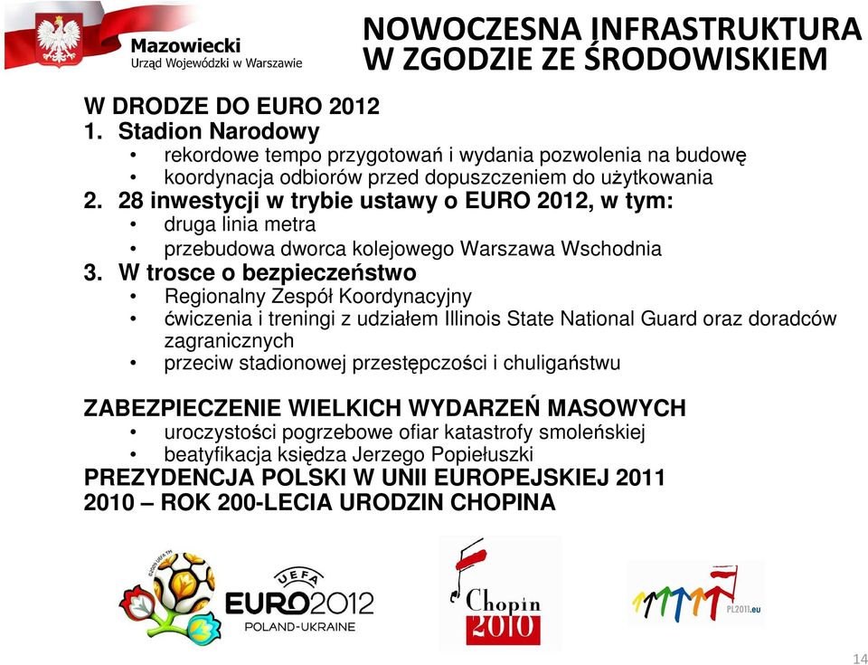 28 inwestycji w trybie ustawy o EURO 2012, w tym: druga linia metra przebudowa dworca kolejowego Warszawa Wschodnia 3.