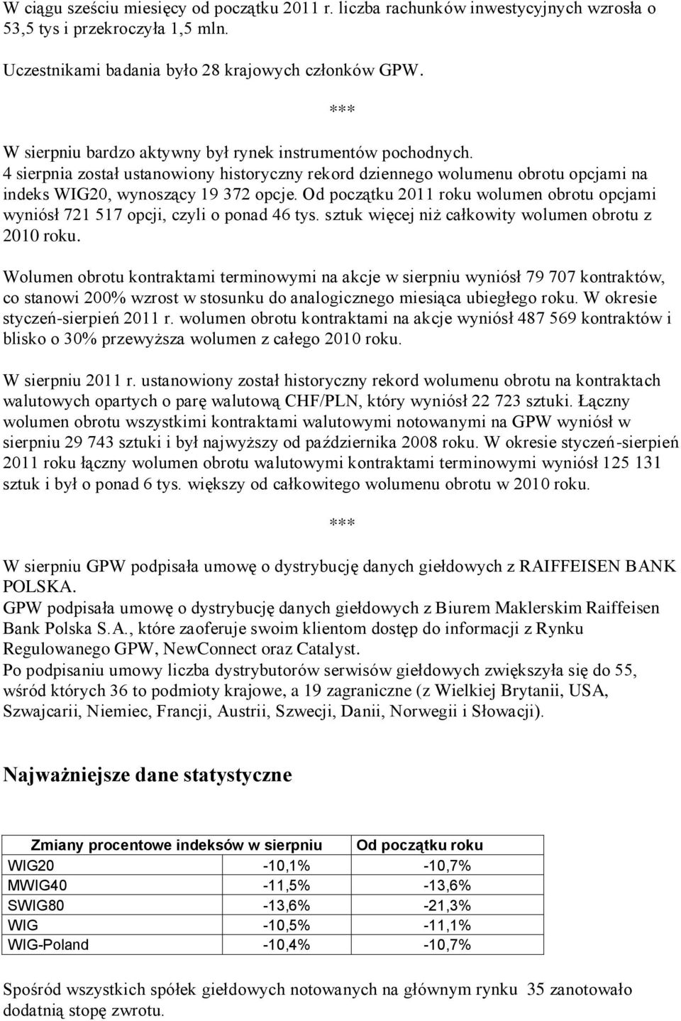 Od początku 2011 roku wolumen obrotu opcjami wyniósł 721 517 opcji, czyli o ponad 46 tys. sztuk więcej niż całkowity wolumen obrotu z 2010 roku.