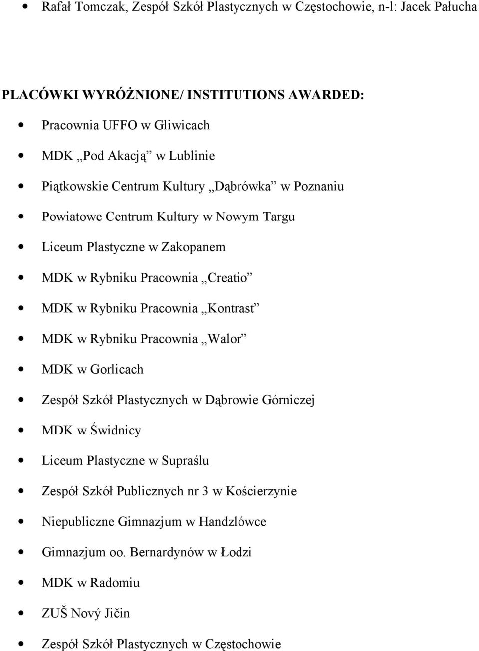 Rybniku Pracownia Kontrast MDK w Rybniku Pracownia Walor MDK w Gorlicach Zespół Szkół Plastycznych w Dąbrowie Górniczej MDK w Świdnicy Liceum Plastyczne w Supraślu