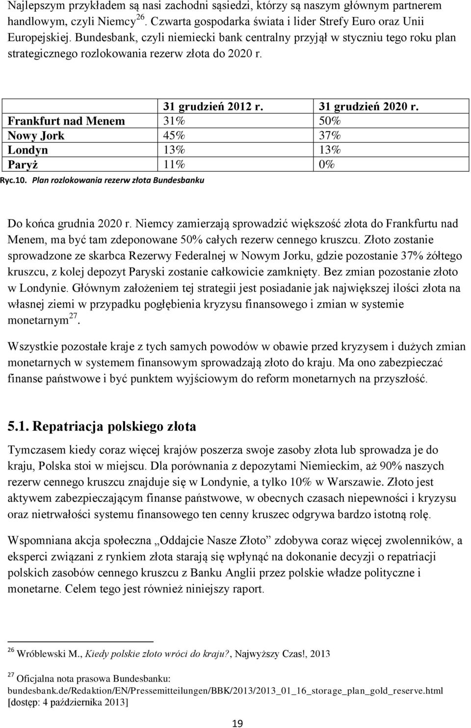 Frankfurt nad Menem 31% 50% Nowy Jork 45% 37% Londyn 13% 13% Paryż 11% 0% Ryc.10. Plan rozlokowania rezerw złota Bundesbanku Do końca grudnia 2020 r.