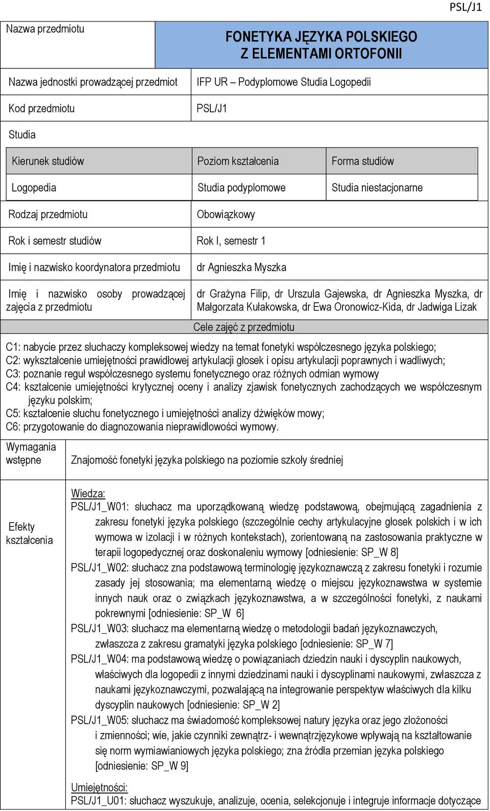 i nazwisko osoby prowadzącej zajęcia z przedmiotu dr Grażyna Filip, dr Urszula Gajewska, dr Agnieszka Myszka, dr Małgorzata Kułakowska, dr Ewa Oronowicz-Kida, dr Jadwiga Lizak Cele zajęć z przedmiotu