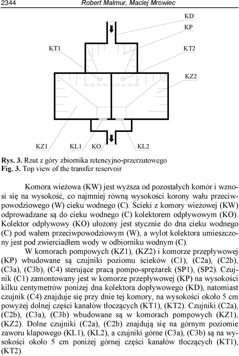 Top view of the transfer reservoir Komora wieżowa (KW) jest wyższa od pozostałych komór i wznosi się na wysokość, co najmniej równą wysokości korony wału przeciwpowodziowego (W) cieku wodnego (C).
