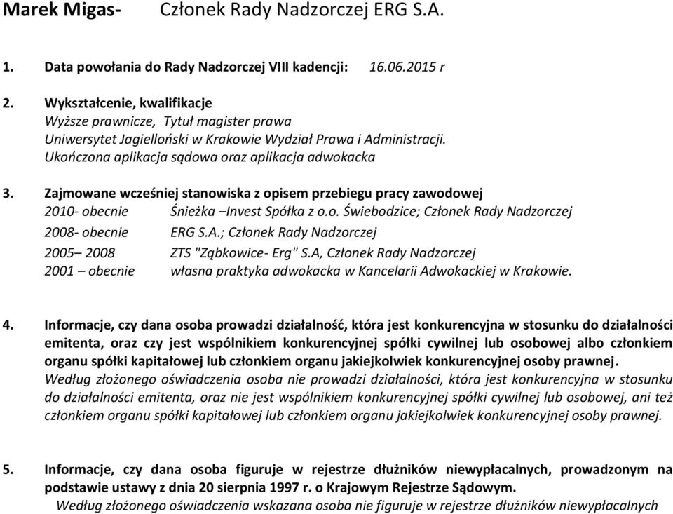 A.; Członek Rady Nadzorczej 2005 2008 ZTS "Ząbkowice- Erg" S.