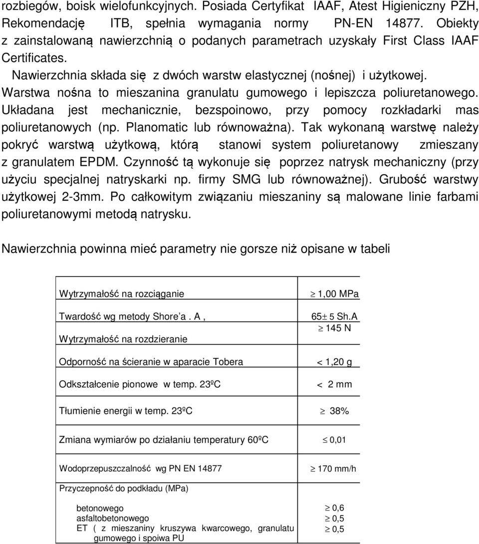 Warstwa nośna to mieszanina granulatu gumowego i lepiszcza poliuretanowego. Układana jest mechanicznie, bezspoinowo, przy pomocy rozkładarki mas poliuretanowych (np. Planomatic lub równoważna).