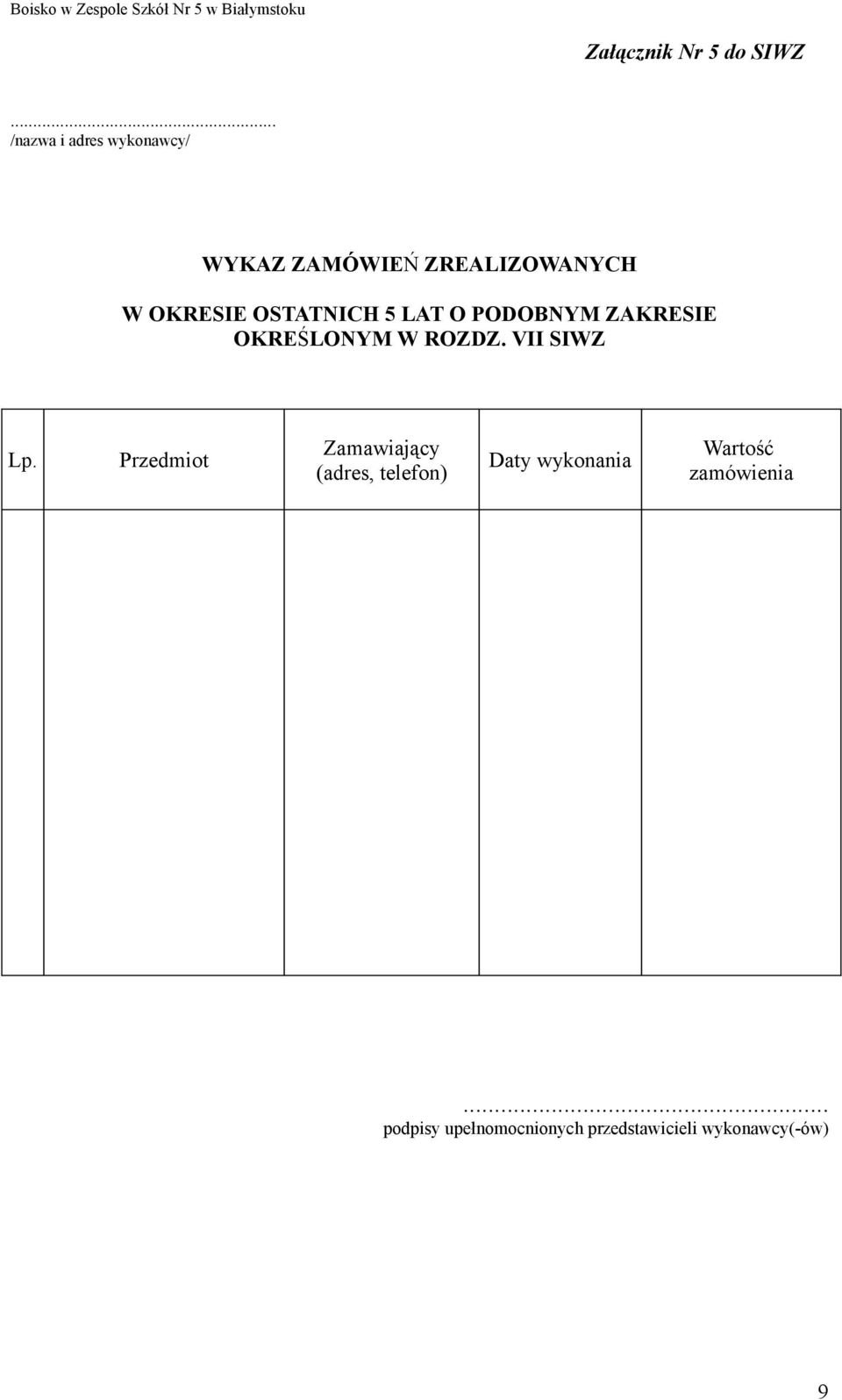 LAT O PODOBNYM ZAKRESIE OKREŚLONYM W ROZDZ. VII SIWZ Lp.