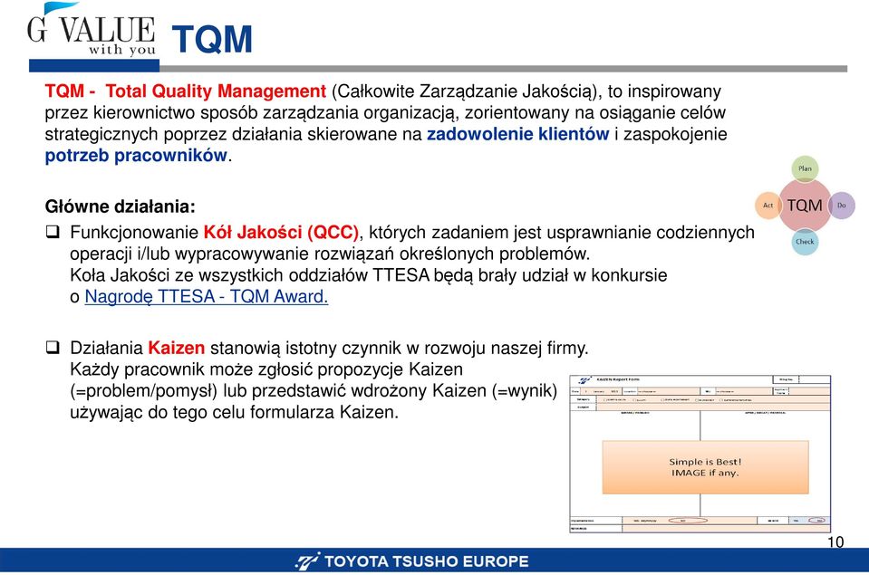 Główne działania: Funkcjonowanie Kół Jakości (QCC), których zadaniem jest usprawnianie codziennych operacji i/lub wypracowywanie rozwiązań określonych problemów.