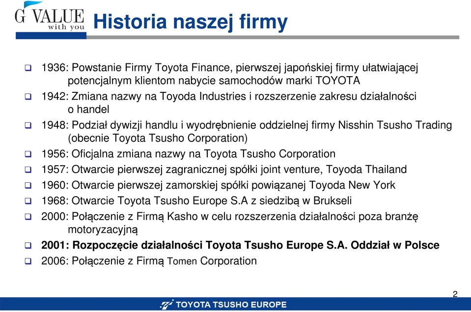Toyota Tsusho Corporation 1957: Otwarcie pierwszej zagranicznej spółki joint venture, Toyoda Thailand 1960: Otwarcie pierwszej zamorskiej spółki powiązanej Toyoda New York 1968: Otwarcie Toyota