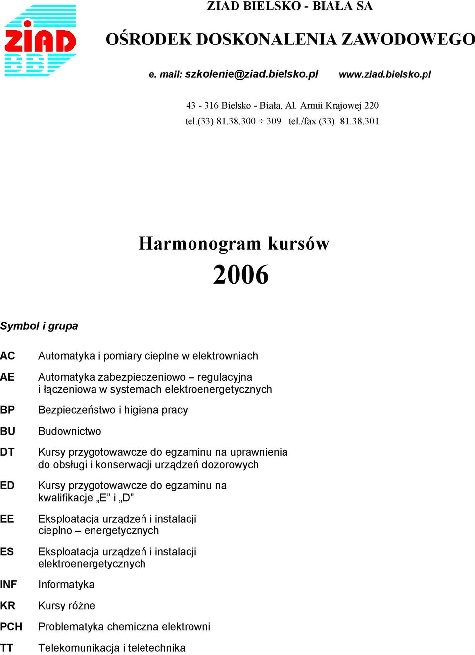 301 Harmonogram kursów 2006 Symbol i grupa AC AE BP BU DT ED EE ES INF KR PCH TT Automatyka i pomiary cieplne w elektrowniach Automatyka zabezpieczeniowo regulacyjna i łączeniowa w systemach