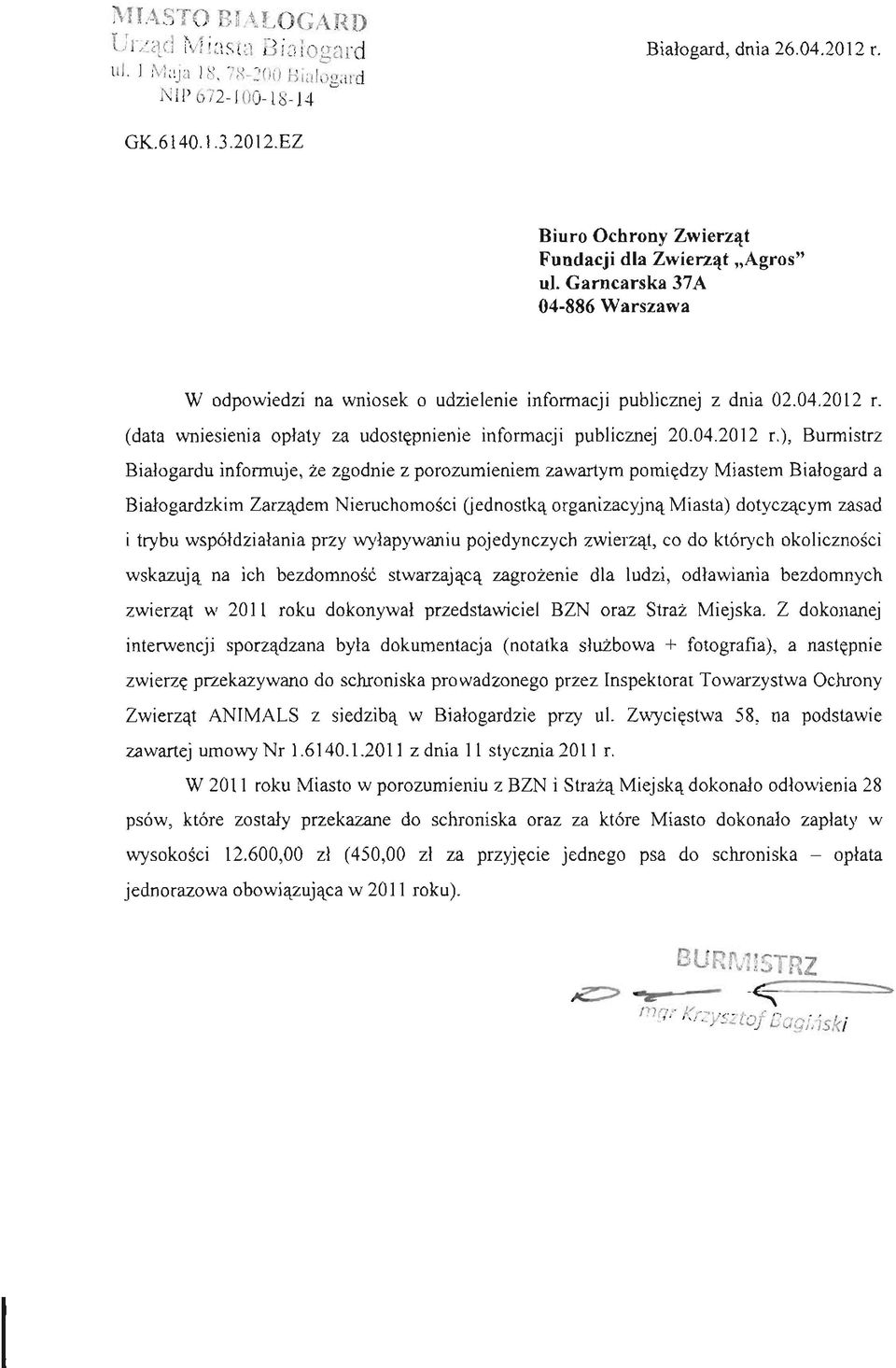 (data wniesienia opłaty za udostępnienie informacji publicznej 20.04.2012 r.