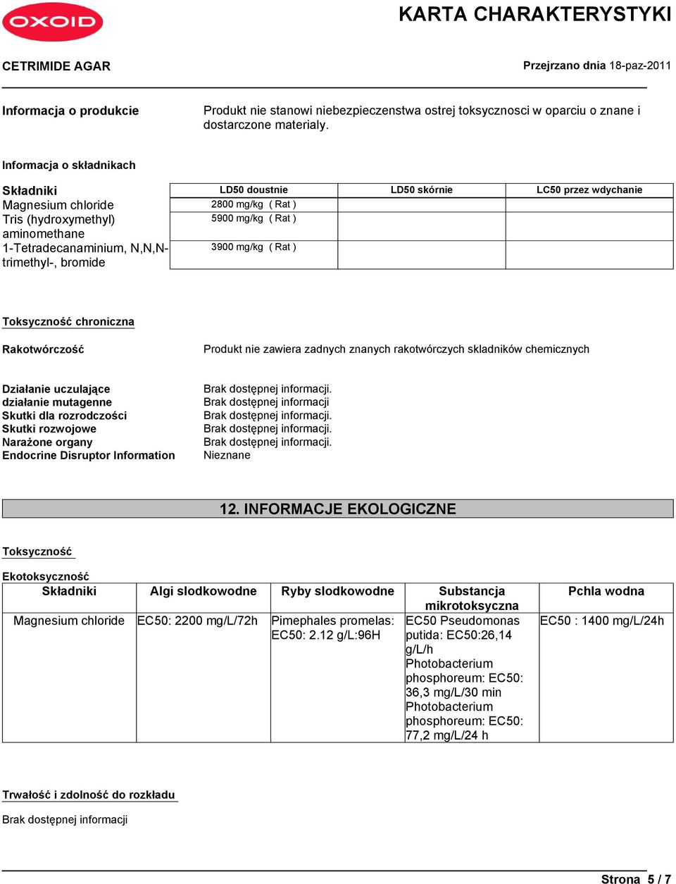 N,N,Ntrimethyl-, 3900 mg/kg ( Rat ) bromide Toksyczność chroniczna Rakotwórczość Produkt nie zawiera zadnych znanych rakotwórczych skladników chemicznych Działanie uczulające działanie mutagenne