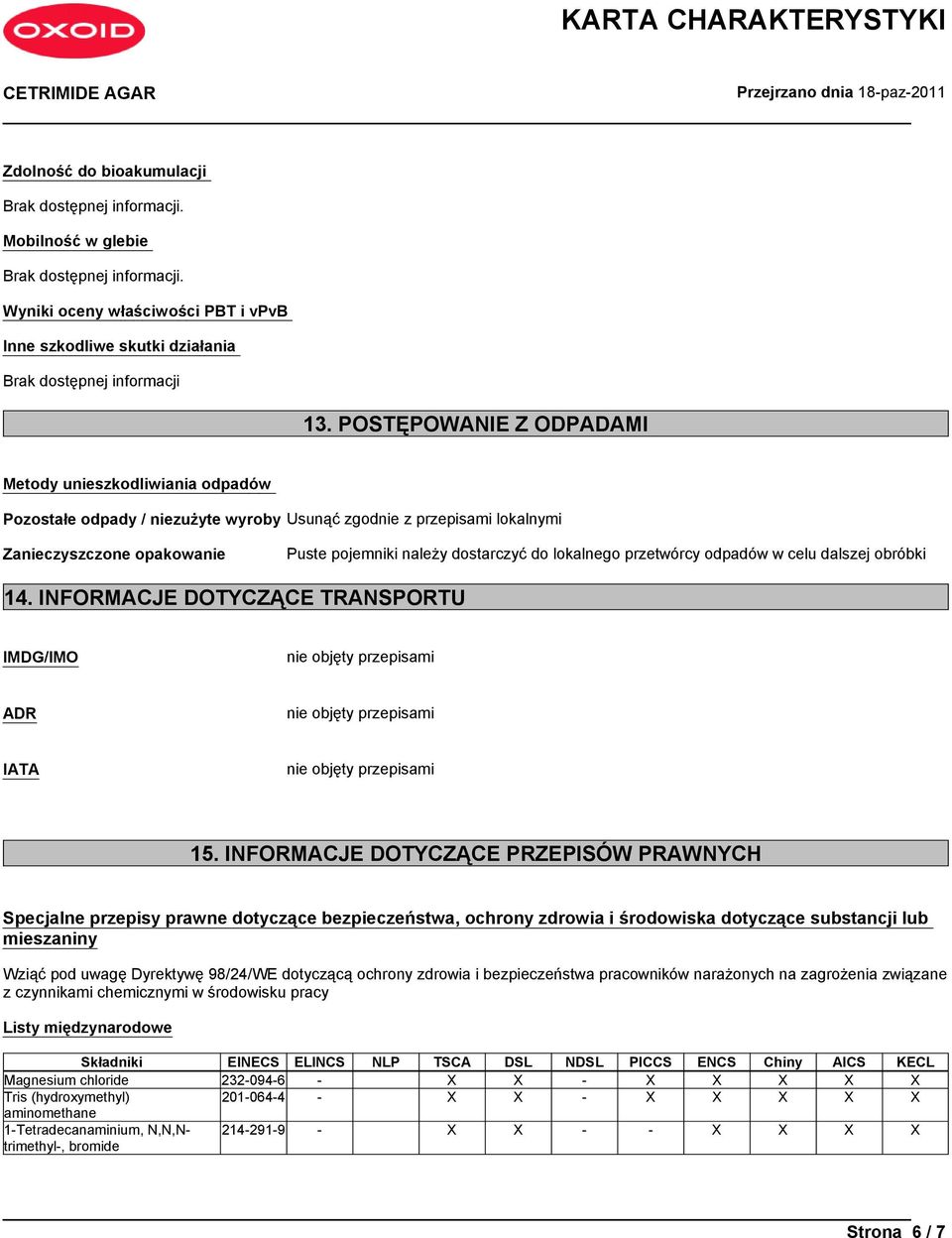 lokalnego przetwórcy odpadów w celu dalszej obróbki 14. INFORMACJE DOTYCZĄCE TRANSPORTU IMDG/IMO nie objęty przepisami ADR nie objęty przepisami IATA nie objęty przepisami 15.