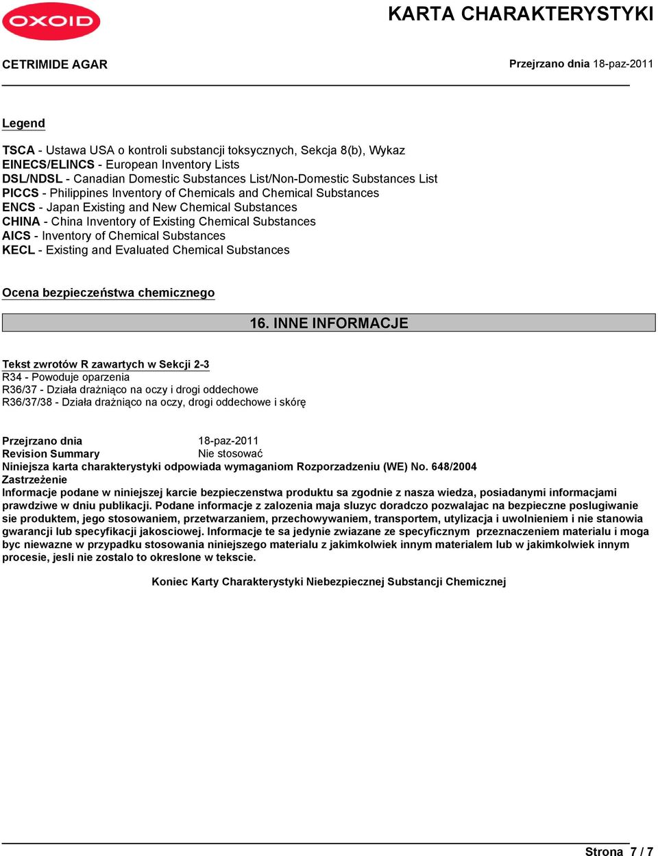 Substances KECL - Existing and Evaluated Chemical Substances Ocena bezpieczeństwa chemicznego 16.