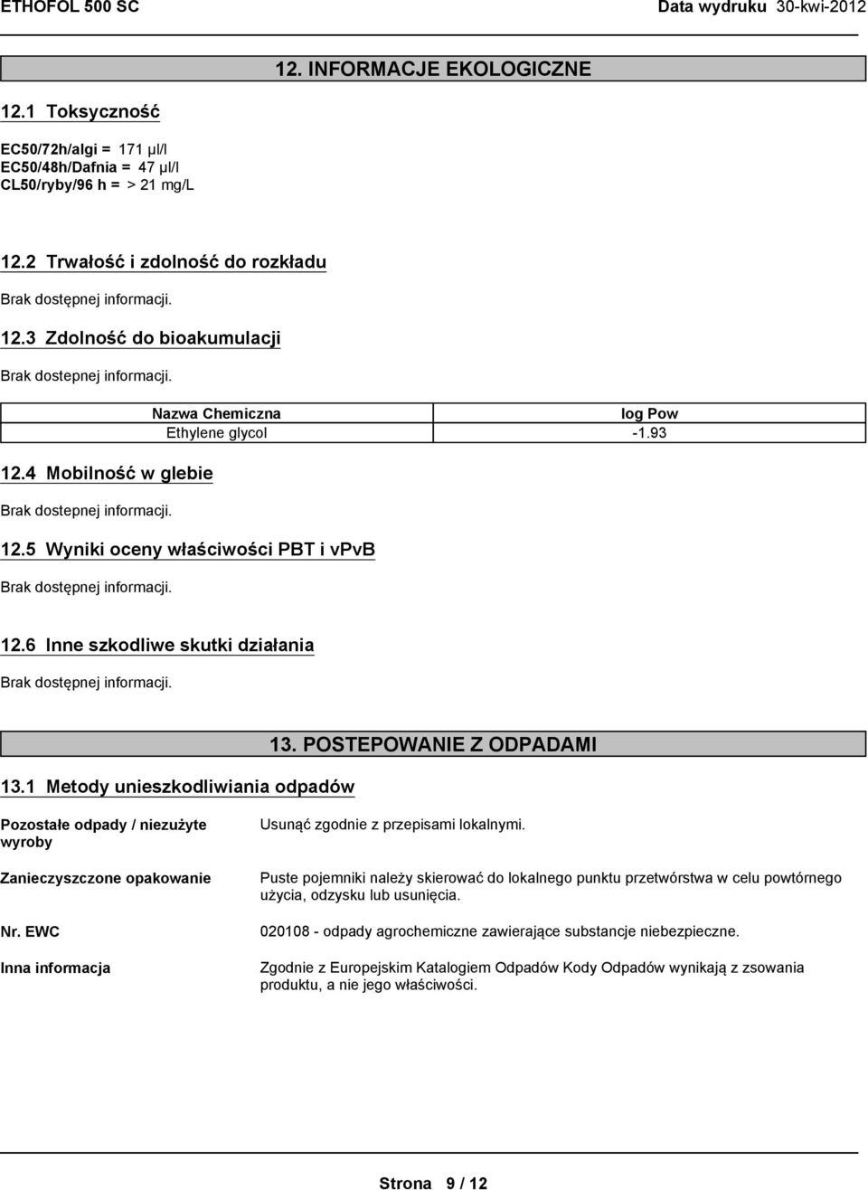 6 Inne szkodliwe skutki działania 13.1 Metody unieszkodliwiania odpadów 13. POSTEPOWANIE Z ODPADAMI Pozostałe odpady / niezużyte wyroby Zanieczyszczone opakowanie Nr.