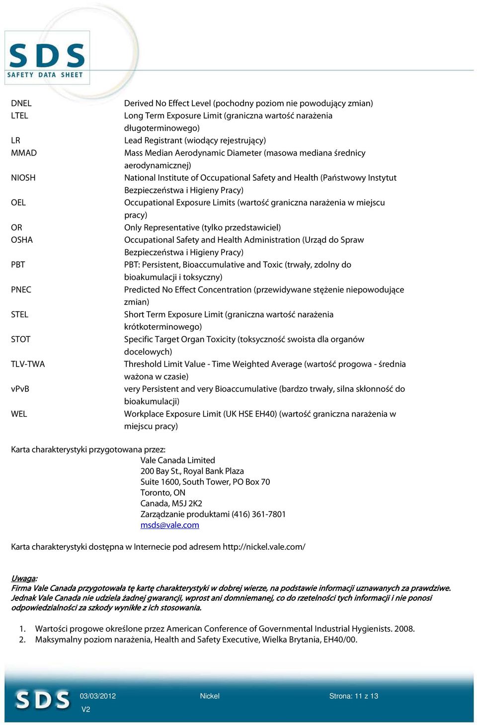 Instytut Bezpieczeństwa i Higieny Pracy) Occupational Exposure Limits (wartość graniczna narażenia w miejscu pracy) Only Representative (tylko przedstawiciel) Occupational Safety and Health