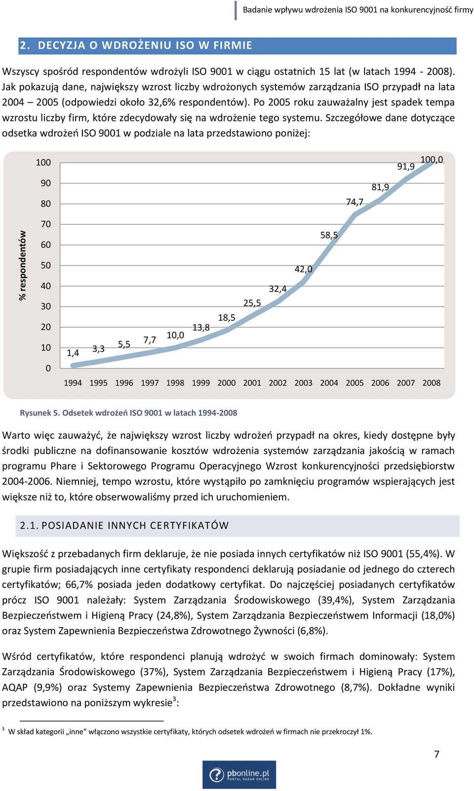 Jak pokazują dane, największy wzrost liczby wdrożonych systemów zarządzania ISO przypadł na lata 2004 2005 (odpowiedzi około 32,6% respondentów).