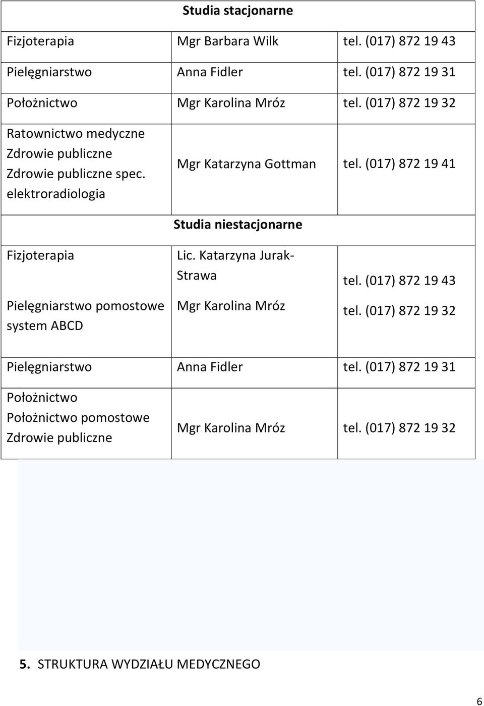 (017) 872 19 41 Fizjoterapia Pielęgniarstwo pomostowe system ABCD Studia niestacjonarne Lic. Katarzyna Jurak Strawa Mgr Karolina Mróz tel.