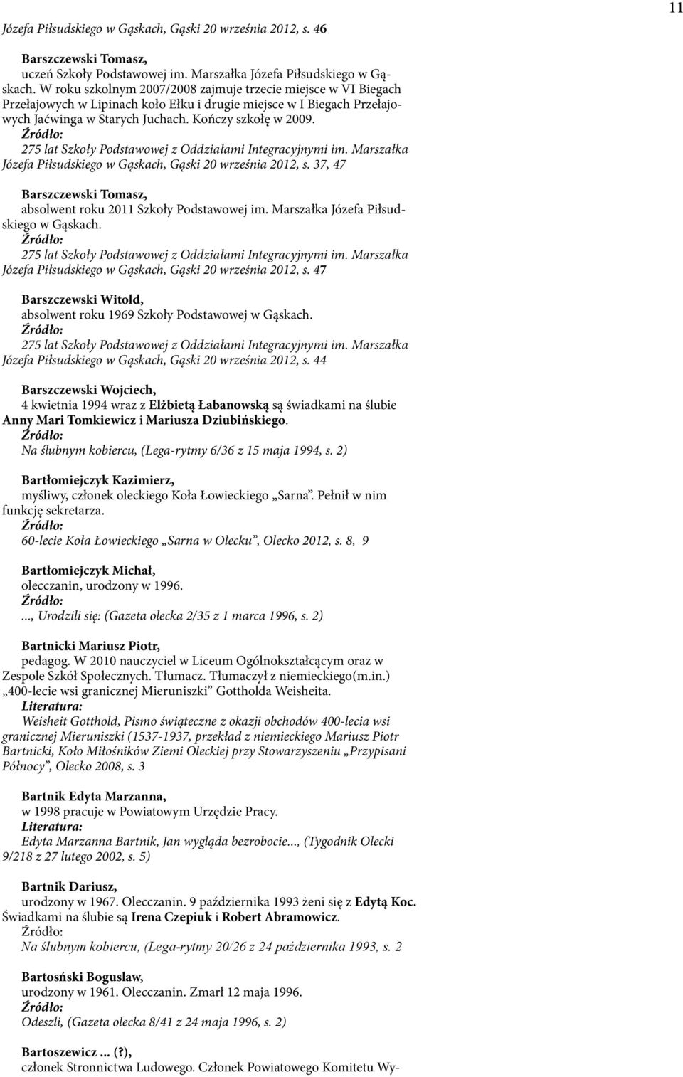 Józefa Piłsudskiego w Gąskach, Gąski 20 września 2012, s. 37, 47 Barszczewski Tomasz, absolwent roku 2011 Szkoły Podstawowej im. Marszałka Józefa Piłsudskiego w Gąskach.