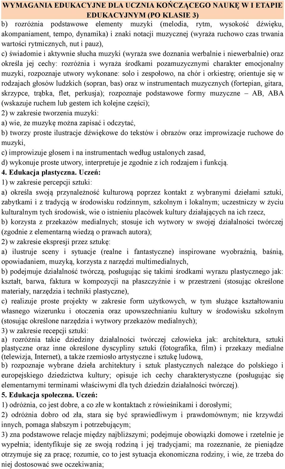 wykonane: solo i zespołowo, na chór i orkiestrę; orientuje się w rodzajach głosów ludzkich (sopran, bas) oraz w instrumentach muzycznych (fortepian, gitara, skrzypce, trąbka, flet, perkusja);