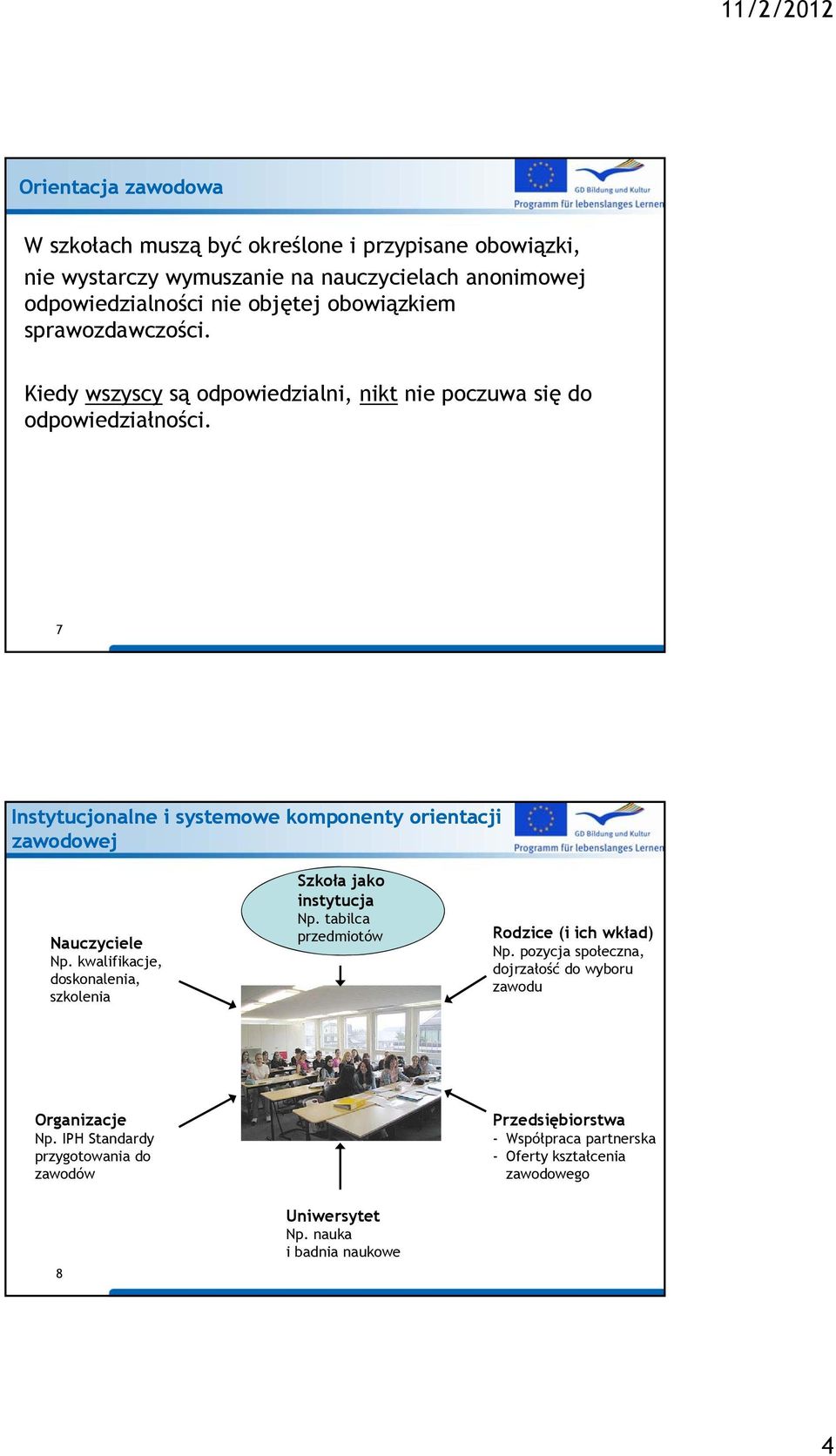 7 Instytucjonalne i systemowe komponenty orientacji zawodowej Nauczyciele Np. kwalifikacje, doskonalenia, szkolenia Szkoła jako instytucja Np.