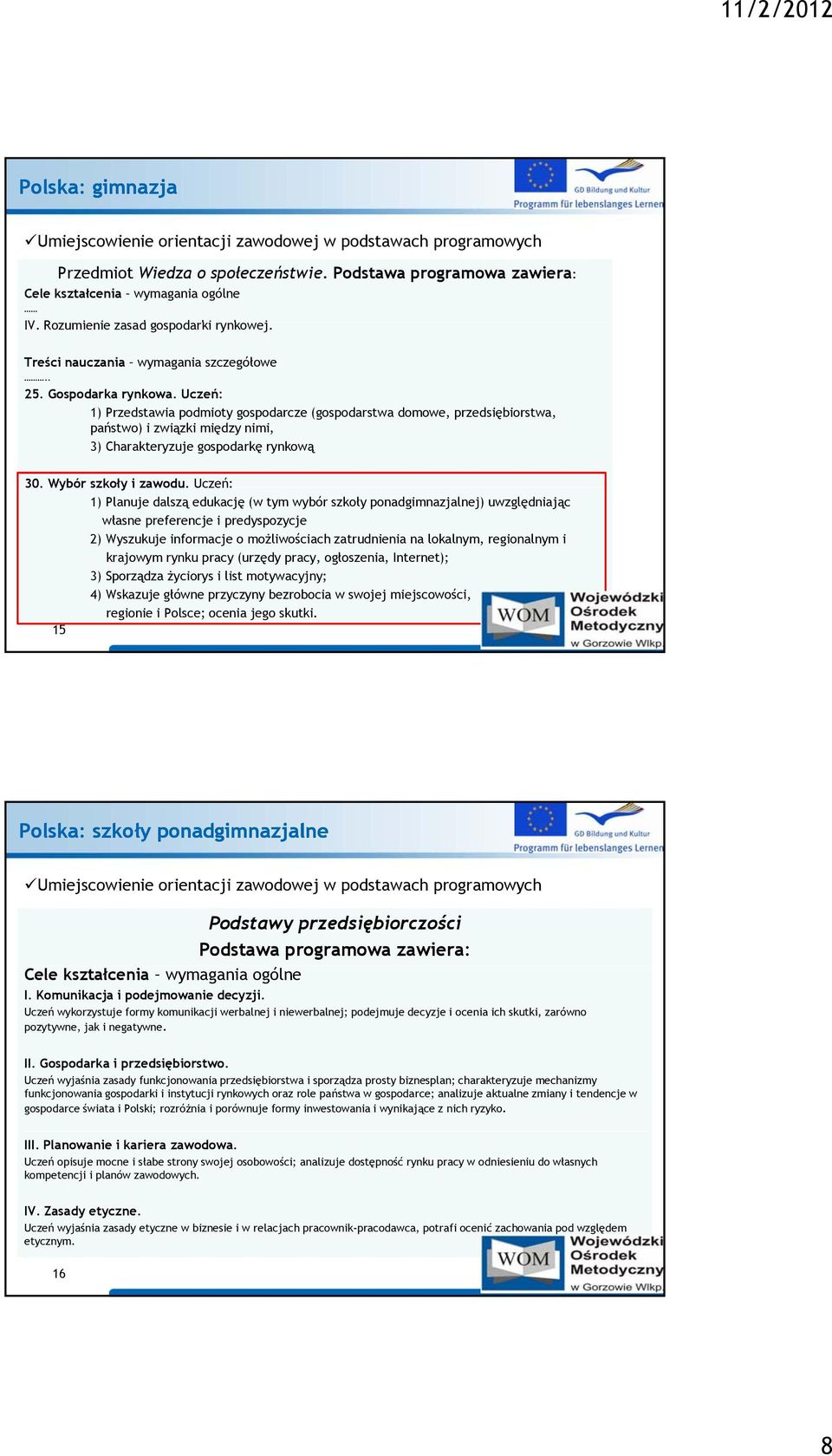 Uczeń: 1) Przedstawia podmioty gospodarcze (gospodarstwa domowe, przedsiębiorstwa, państwo) i związki między nimi, 3) Charakteryzuje gospodarkę rynkową 30. Wybór szkoły i zawodu.