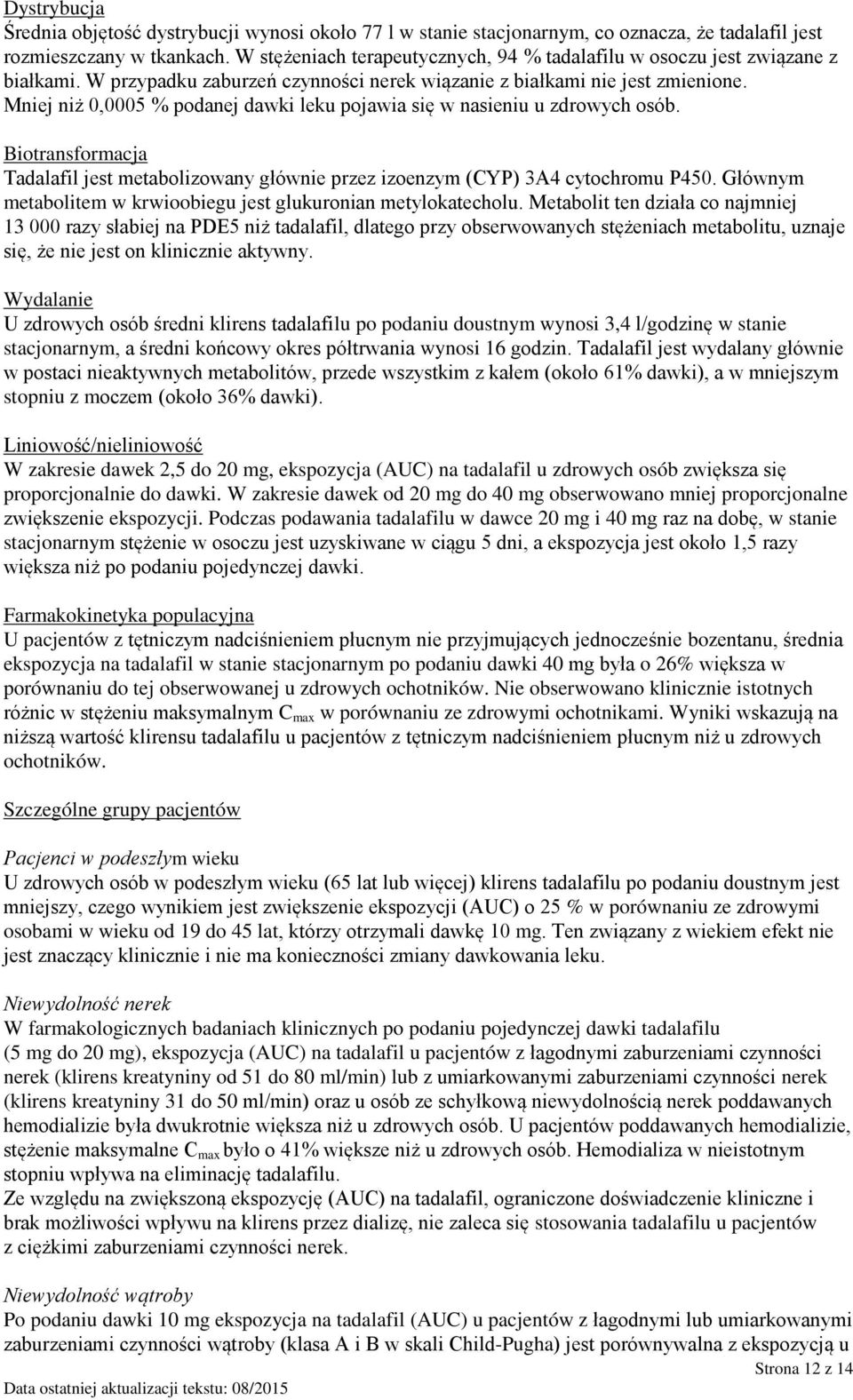 Mniej niż 0,0005 % podanej dawki leku pojawia się w nasieniu u zdrowych osób. Biotransformacja Tadalafil jest metabolizowany głównie przez izoenzym (CYP) 3A4 cytochromu P450.