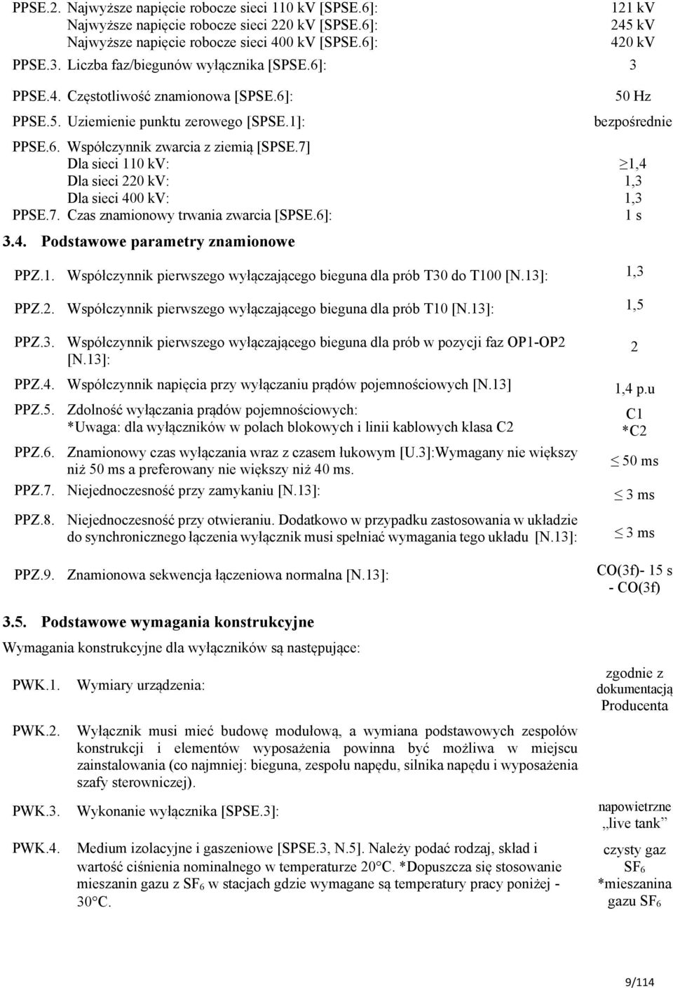 7. Czas znamionowy trwania zwarcia [S.6]: 3.4. Podstawowe parametry znamionowe 50 Hz bezpośrednie 1,4 1,3 1,3 1 s PPZ.1. Współczynnik pierwszego wyłączającego bieguna dla prób T30 do T100 [N.