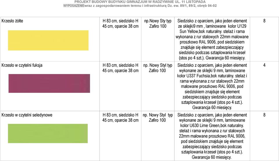 Gwarancja 60 miesięcy. 8 Krzesło w czytelni fuksja H 83 cm, siedzisko H 45 cm, oparcie 38 cm np.