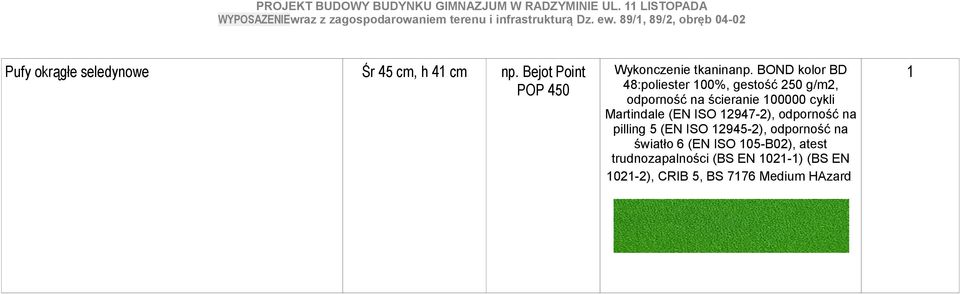 Martindale (EN ISO 12947-2), odporność na pilling 5 (EN ISO 12945-2), odporność na światło 6